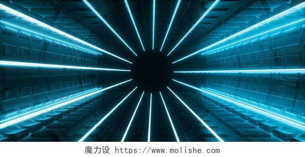 经典蓝灯圆形隧道走廊外星宇宙飞船未来主义网络科幻宇宙学虚拟现实霓虹灯激光发光Pantone经典蓝灯圆形隧道走廊外星宇宙飞船3D渲染示例